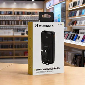 Wozinsky WFC-15B 20000mAh 22.5W akupank, PD20W, sisseehitatud Lightning- ja USB-C-kaablitega, must