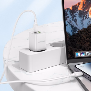 Borofone Wall Laadija BN14 Royal GaN - USB + Type C - QC 3.0 PD 30W with Type C to Lightning Kaabel valge