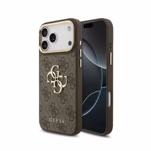 Guess PU Leather 4G Metal Logo Gold Frame ümbris Apple iPhone 18 Pro Max telefonile, pruun