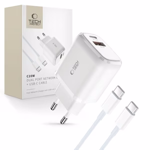 Tech-Protect C20W USB-C PD 20W / USB-A QC 3.0 laadija koos USB-C / USB-C kaabel - valge