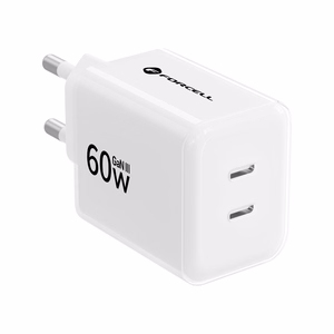 Telefonilaadija Forcell F-Energy GaN III Crystal Color, 2x USB C, AVS, SSFC3.0, 60W + silikoonkaabel USB C–USB C VT-60, valge