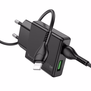 Зарядное устройство для телефона Hoco Slim USB A + USB C QC3.0 PD 3A 20W + кабель USB C to Lightning N38 чёрное
