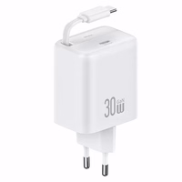 USAMS võrgulaadija 1xUSB-C sissetõmmatava kaabliga USB-C Retractable PD+QC 30W Gan Fast Charging valge YC Series CC241TC02 (US-CC241)
