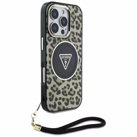 Guess HC IML Leopard Triangle Cord Strap MagSafe Ümbris jaoks iPhone 16 Pro - Brown