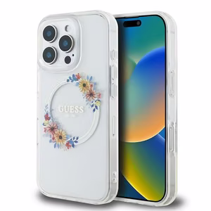 Guess IML Flowers Wreath MagSafe Ümbris jaoks iPhone 16 Pro - Clear