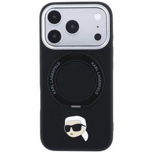 Must Karl Lagerfeldi MagSafe-ümbris 360° rõngasaluse ja Karli pea embleemiga iPhone 18 Pro Max / 17 Pro Max telefonile