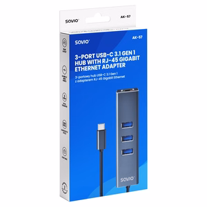Savio AK-57 USB-C – 3x USB-A jaotur RJ-45 gigabiti Etherneti adapteriga, 5000 Mbit/s, hall