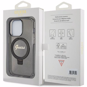 Оригинальный чехол-накладка Guess GUHMP15XHRSGSK для iPhone 15 Pro Max (совместимый с MagSafe / Glitter Script Logo / Ring stand / чёрный)