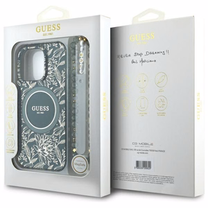 Guess IML Flowers Allover Electro With Pearl Strap MagSafe ümbris jaoks iPhone 16 Pro Max - roheline