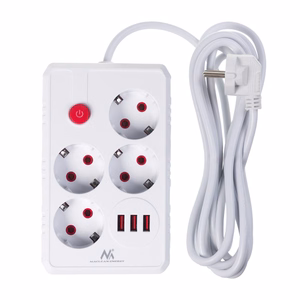 Maclean MCE393 W – pistikupesa pikendusjuhe, 4 pistikupesa + 3×USB, 110–240 V AC, 50/60 Hz, 2,1 A, kuni 2500 W, 3 m, valge