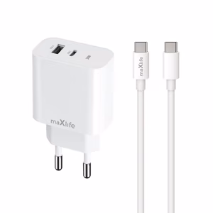 Maxlife MXTC-06-30AC PD QC laadija 1x USB-C 1x USB 30W valge + USB-C - USB-C kaabel 60W