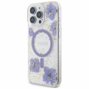 Guess Resin Flowers MagSafe ümbris jaoks iPhone 16 Pro - lilla