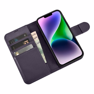 iCarer Rahakott ümbris 2in1 Case iPhone 14 nahast Flip Cover Anti-RFID tumelilla (WMI14220725-DP)