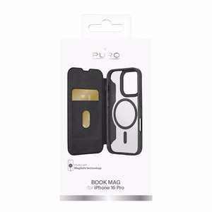 Кожаный чехол Puro Book Mag MagSafe с клапаном и слотом для карты для iPhone 16 Pro - чёрный