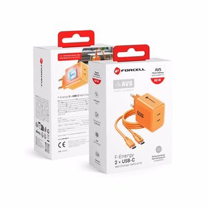 Telefonilaadija Forcell F-Energy GaN III Crystal Color, 2x USB C, AVS, SSFC3.0, 60W + silikoonkaabel USB C–USB C VT-60, oranž