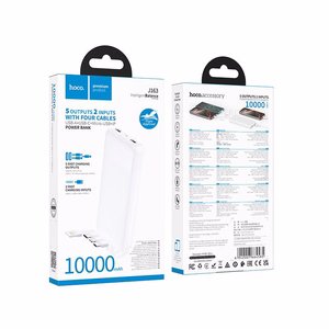 Akupank Hoco 10000 mAh 2A nelja sisseehitatud kaabliga USB A + USB C + Lightning + Micro USB J163 valge