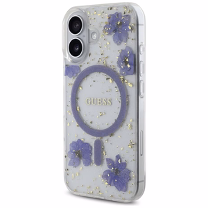 Guess Resin Flowers Glitter MagSafe ümbris jaoks iPhone 16 - lilla