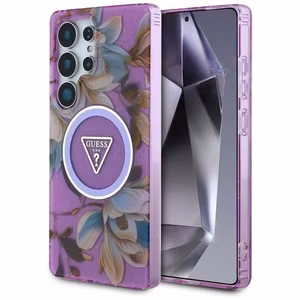 GUESS чехол SAMSUNG S25 Ultra GUHMS25LHFLPEDU (Magnetic IML Metal Glitter Flowers Triangle) фиолетовый