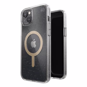 Speck Presidio Perfect-Clear with Glitter + MagSafe ümbris seadmele iPhone 15 Plus / 14 Plus, Microban mikroobivastase kaitsega, Clear / Gold Glitter värvikombinatsioon
