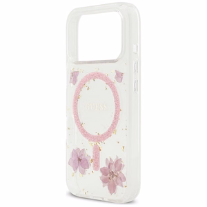 Чехол GUESS для IPHONE 17 Pro совместимый с MagSafe GUHMP17LRBFGFGMP (Resin Flowers and Glitter) розовый