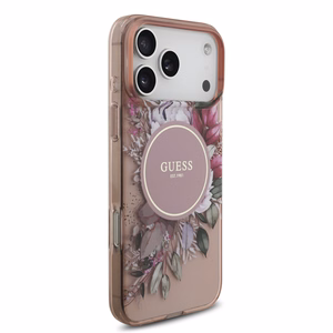 Guess IML Flowers Pearl Strap MagSafe ümbris jaoks iPhone 17 Pro Max roosa