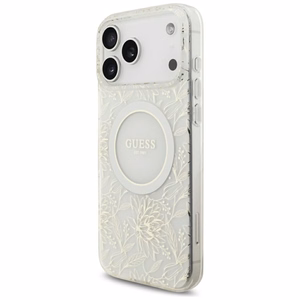 Guess IML lillemustri, metallkatte ja pärlrihmaga MagSafe-ümbris iPhone 18 Pro Max / 17 Pro Max jaoks, valge