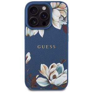 Guess Grained Printed Flower Pattern MagSafe ümbris jaoks iPhone 16 Pro sinine