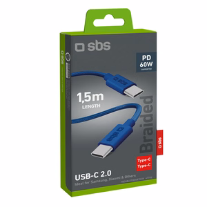SBS TECABLETISSUETCCB USB-C - USB-C 1.5m 60W braided kaabel - sinine