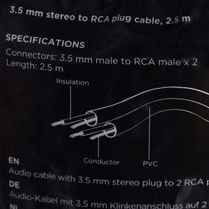 Gembird heli kaabel 2,5m, 3,5mm/2xRCA, M/M must, punane, valge