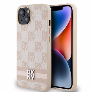 DKNY Leather Checkered Mono Pattern & Printed Stripes ümbris jaoks iPhone 15 / 14 / 13 - roosa