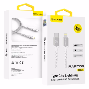 Blavec Kaabel Raptor braided - Type C to Lightning - PD 20W 2,4A 3 metres Apple CarPlay (CRA-CL24WS30) valge-hõbedane