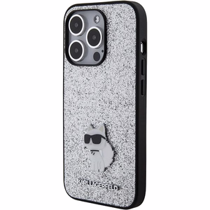 Karl Lagerfeld Fixed Glitter Choupette Logo Metal Pin Ümbris jaoks iPhone 15 Pro - hõbedane