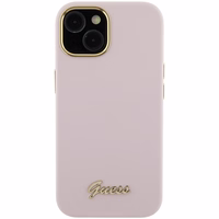 Guess Silicone Script Metal Logo & Frame ümbris jaoks iPhone 15 - roosa