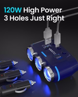 Auto Cigarette Lighter Pesa Splitter B39-C - 3 sockets + USB + tüüp C - QC 3.0 PD 3A 120W koos ekraan and kaabel