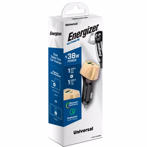 Energizer Ultimate D38BG autolaadija, USB-C + USB-A, 38 W PD + QC 3,0, kuldne ja must