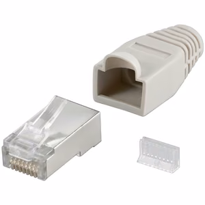 Goobay 68746 RJ45 pistik, CAT 5e STP varjestatud tõmbetõkisega, hall, ümmargusele kaablile, sissejuhtimissilmusega 6.4 mm, üksikpakendis (1 komplekt kotis) Tehnilised andmed Ühendused Ühendus, tüüp RJ45 pistik (8P8C) Ühendus, kontakt