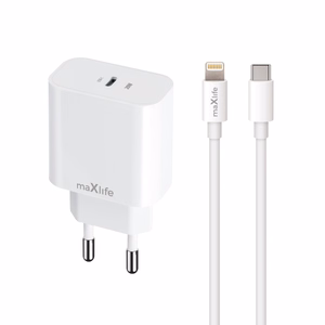 Maxlife MXTC-06-20C PD QC laadija 1x USB-C 20W valge + USB-C - Lightning kaabel 20W