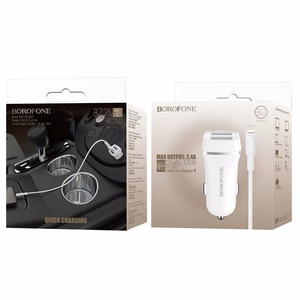Borofone BZ2 Joyroad autolaadija 2 USB-A pordiga, 12 W, Lightning-kaabliga, valge