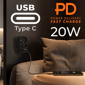 Maclean MCE249 F/B – võrgupesa jaotur, 2 pistikupesa, 4 USB-porti: 2×USB-A ja 2×USB-C PD 20 W, 1×16 A + 1×6 A