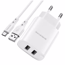 Borofone Wall laadija BN2 Super - 2xUSB - 2,1A with USB to Type C valge