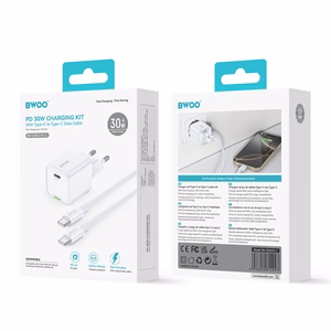 BWOO GaN PD 30W wall laadija 1x USB-C port with 60W kaabel USB-C 2A valge