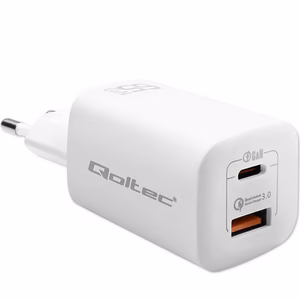 Qoltec 50765 mobiilseadme laadija sülearvutile, kaasaskantavale mängukonsoolile, akupangale, nutitelefonile, nutikellale, tahvelarvutile valge AC kiire laadimine