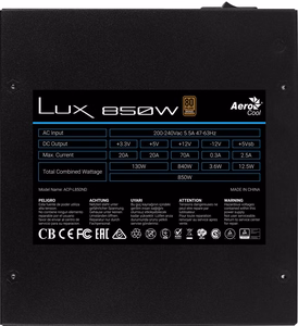 Aerocool LUX850 PC toiteplokk 850W 80 Plus Bronze 230V 88% efektiivsus must
