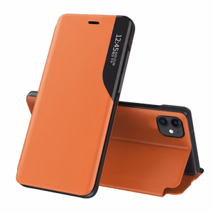 Eco Leather View Case elegantne raamaturiiuli tüüpi ümbris koos jalutusalusega iPhone 13 Pro oranžile