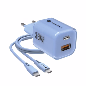 Phone laadija Forcell F-Energy GaN III Crystal Color USB C + USB A QC4.0 PD 33W + silikoon kaabel USB C to USB C VT-41 sinine