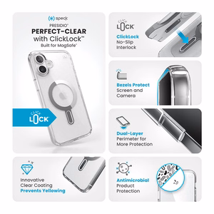 Speck Presidio Perfect-Clear MagSafe'i ja ClickLocki toega ümbris iPhone 16 Plus-le, Clear/Chrome