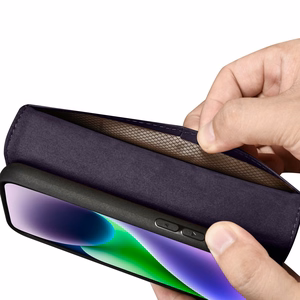 iCarer Rahakott ümbris 2in1 Case iPhone 14 nahast Flip Cover Anti-RFID tumelilla (WMI14220725-DP)