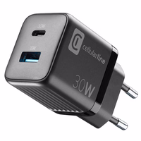 Cellularline Multipower Micro GaN - USB-C & USB-A Power Delivery 30W mains laadija (must)