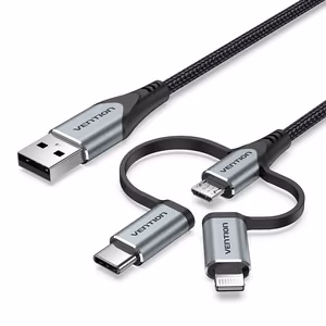 Vention USB 2.0 A Male to 3-in-1 Micro-B & USB-C & Lightning Male kaabel 1 m, hall alumiiniumsulami tüüp