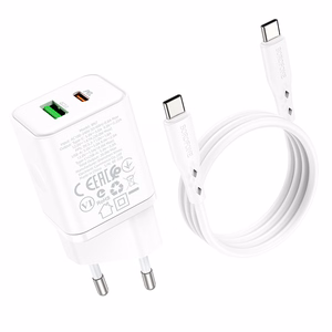 Borofone Wall Laadija BN7 - USB + Type C - QC 3.0 PD 20W with Type C to Type C Kaabel valge